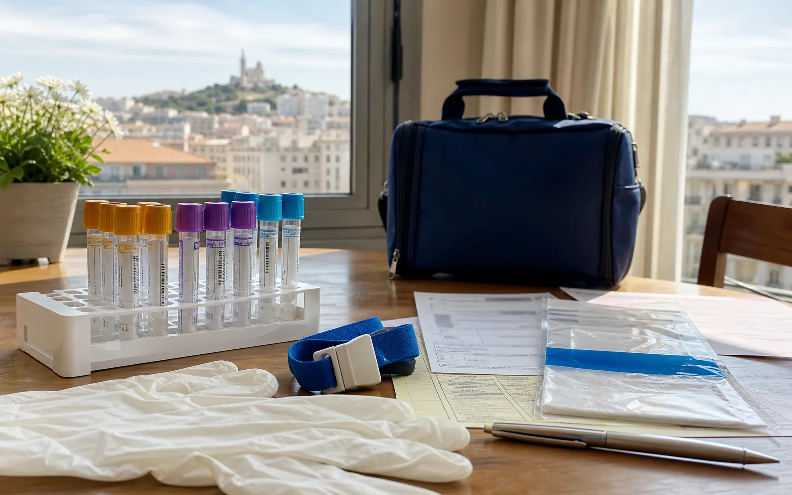 Tubes et documents préparés pour une prise de sang à domicile à Marseille