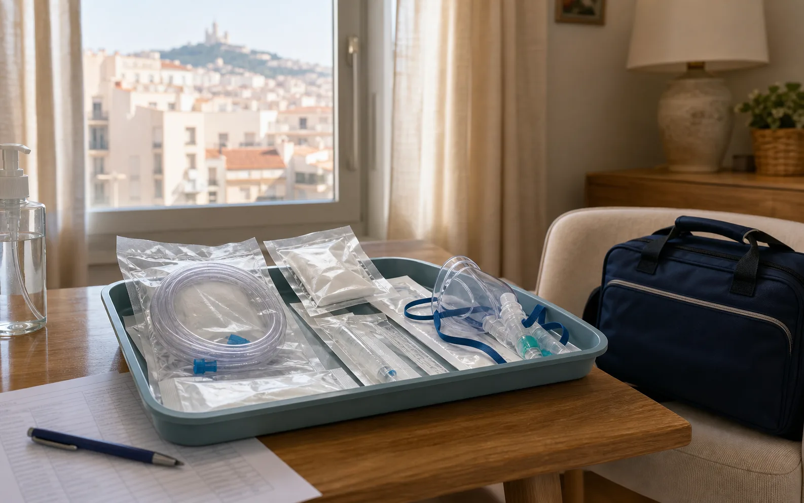 Matériel infirmier préparé pour un soin technique à domicile à Marseille